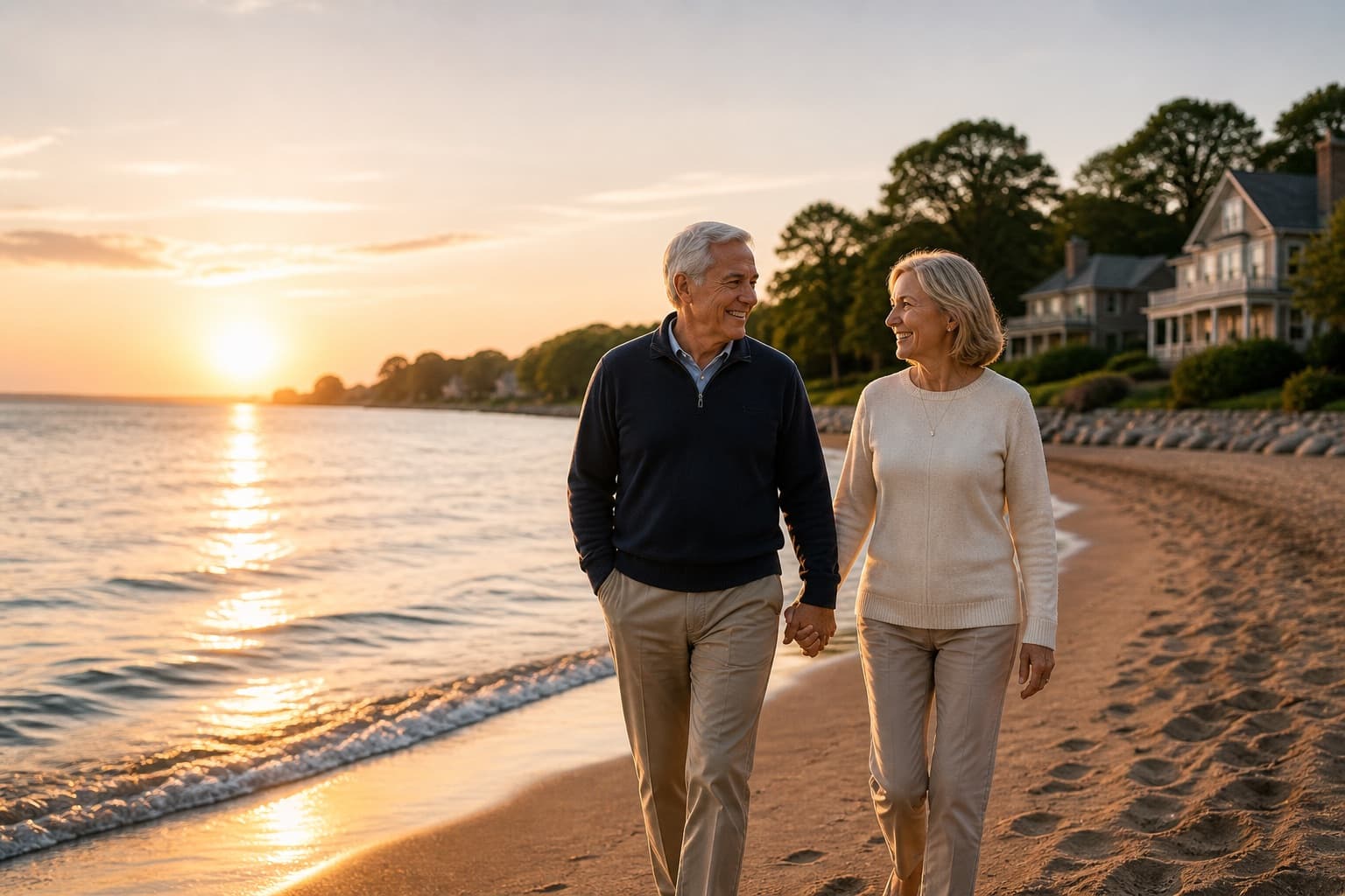 An older couple sitting close together on a wooden dock at sunset