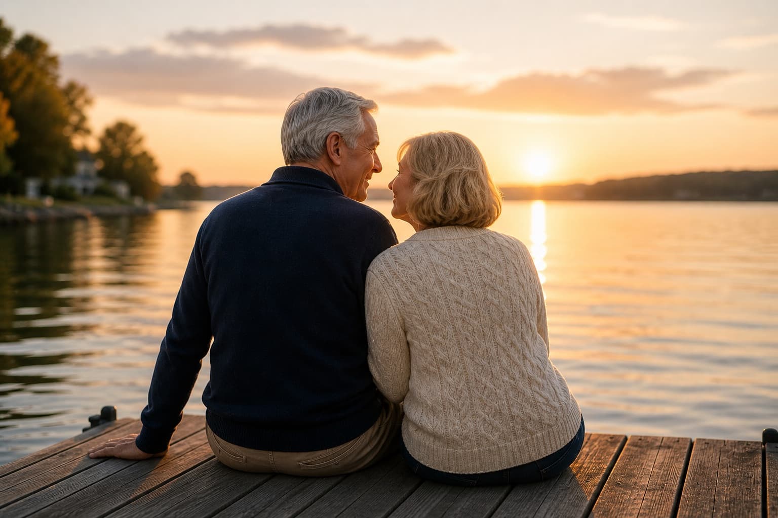 An older couple by a glowing fireplace