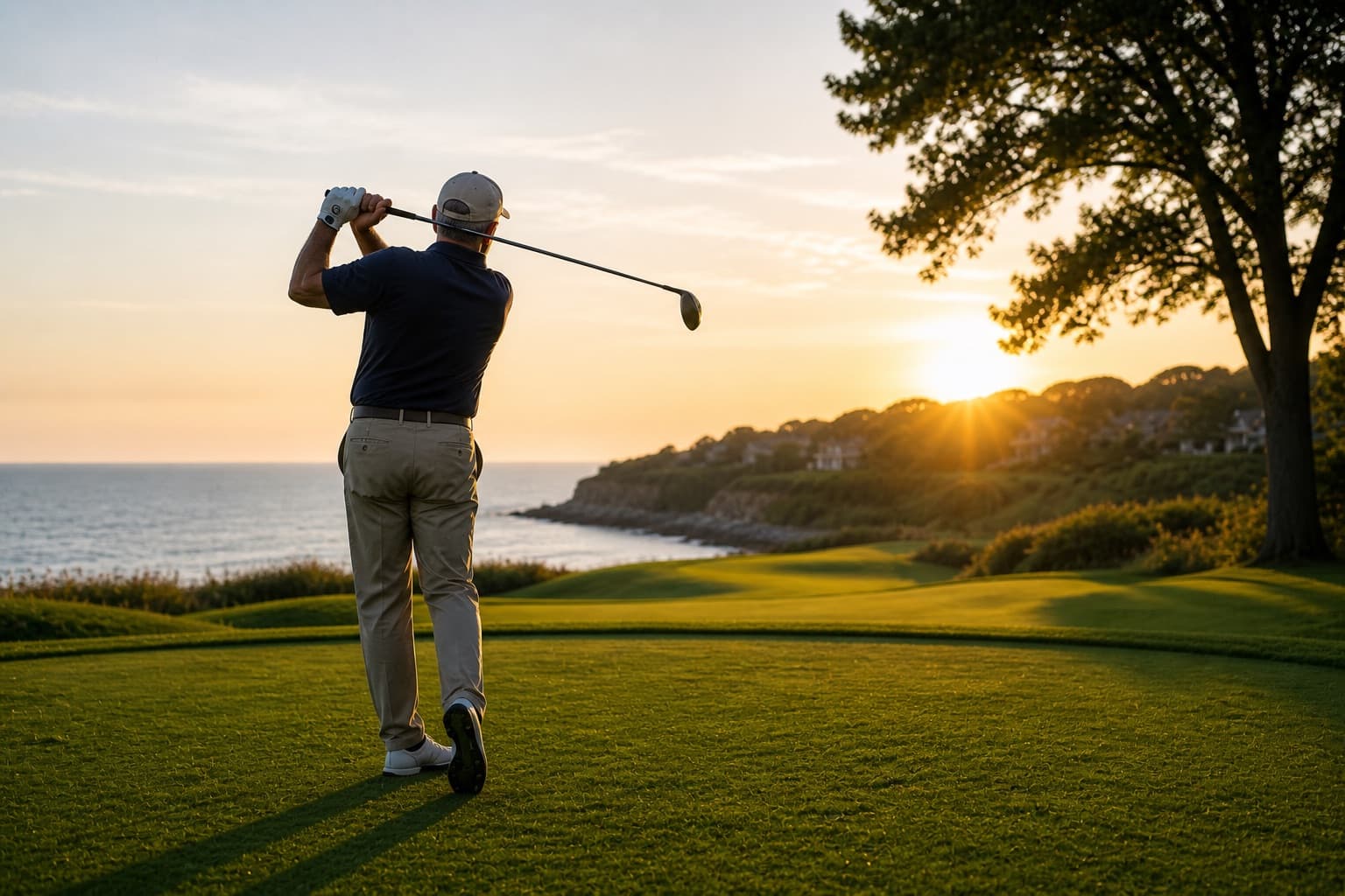 An older man finishing a golf swing