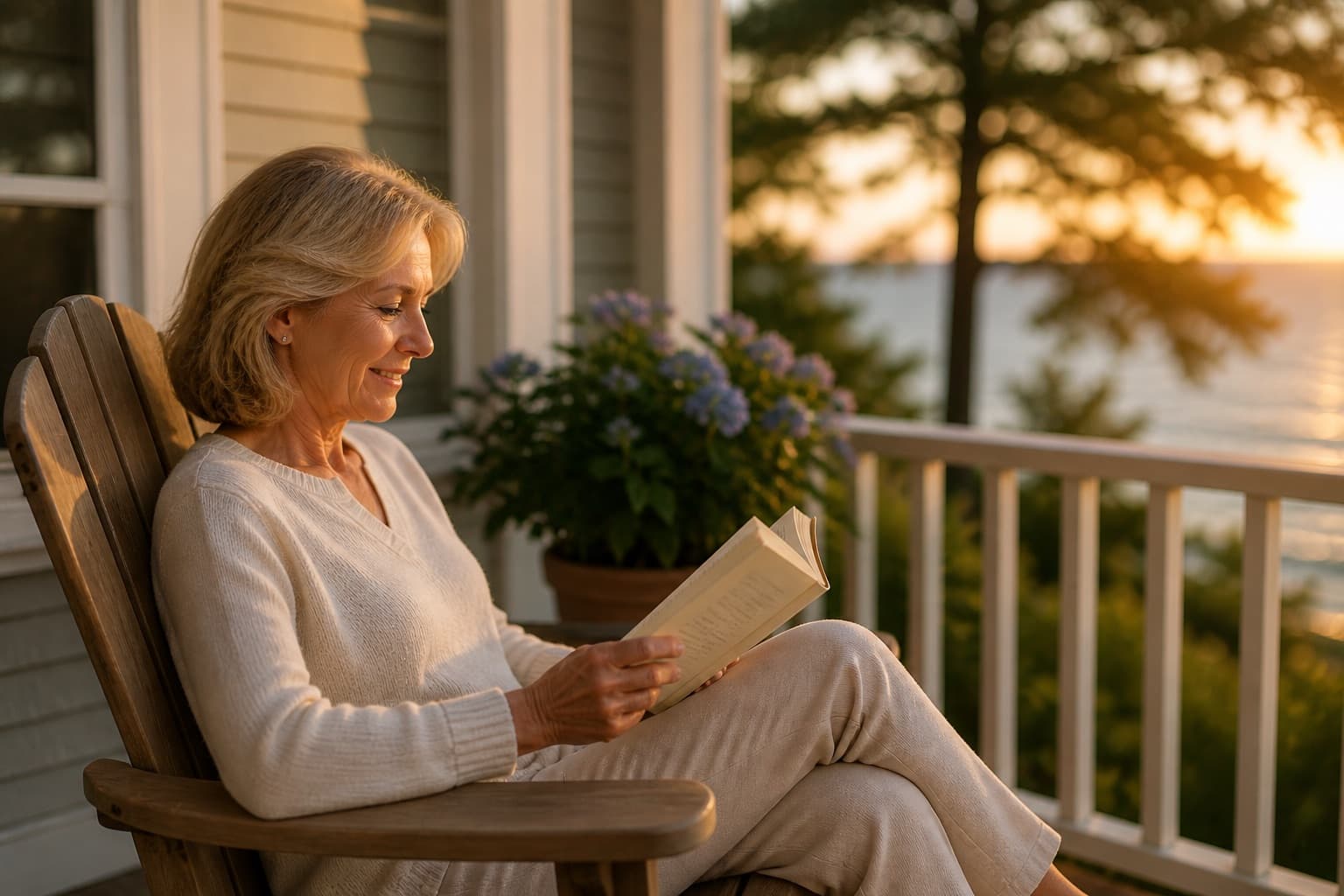 An older woman reading on a sunlit porch