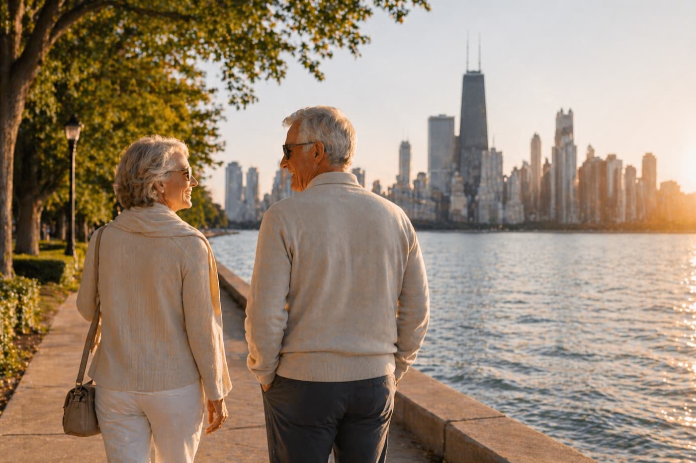An older couple walking along the Chicago lakefront at golden hour with the city skyline behind them, local Northern Suburbs retirement planning our firm has done since 1977