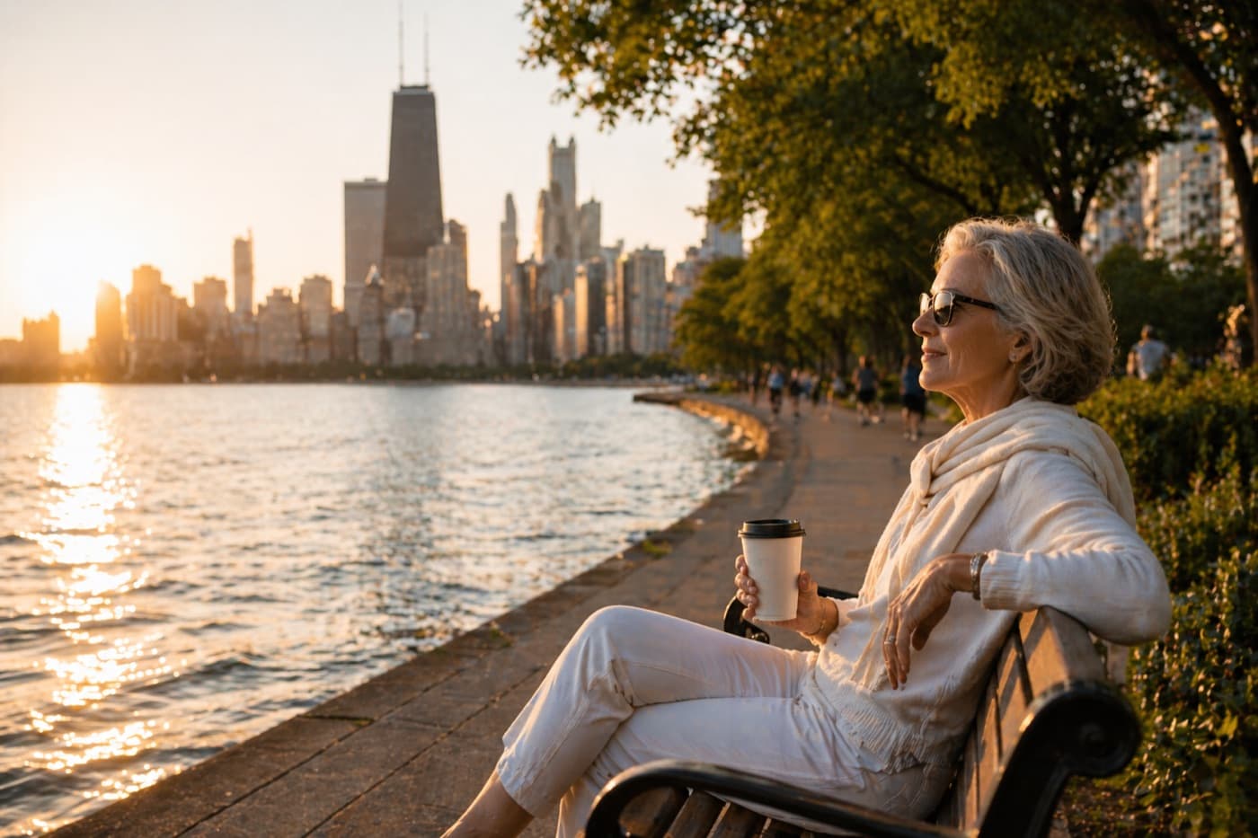 An older woman on a Chicago lakefront bench at golden hour with the skyline across Lake Michigan, the North Shore geography our firm has served from its Evanston office, planning retirements for families across Chicago's Northern Suburbs since 1977