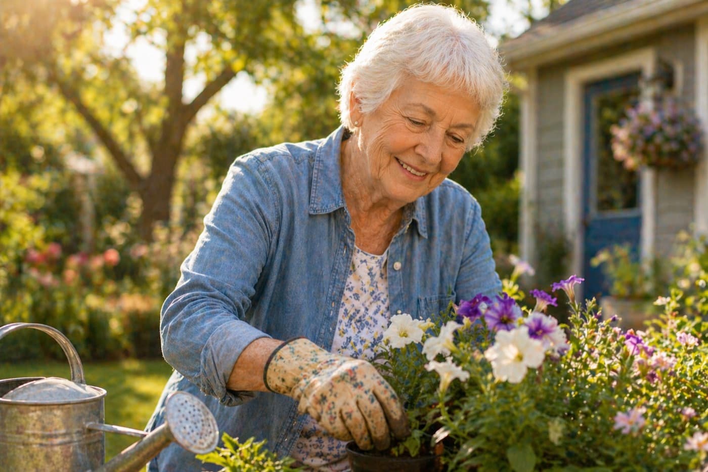 An older woman tending flowers in her garden, the kind of unhurried weekday morning a well-built retirement plan from our practice makes possible for families across Chicago's Northern Suburbs
