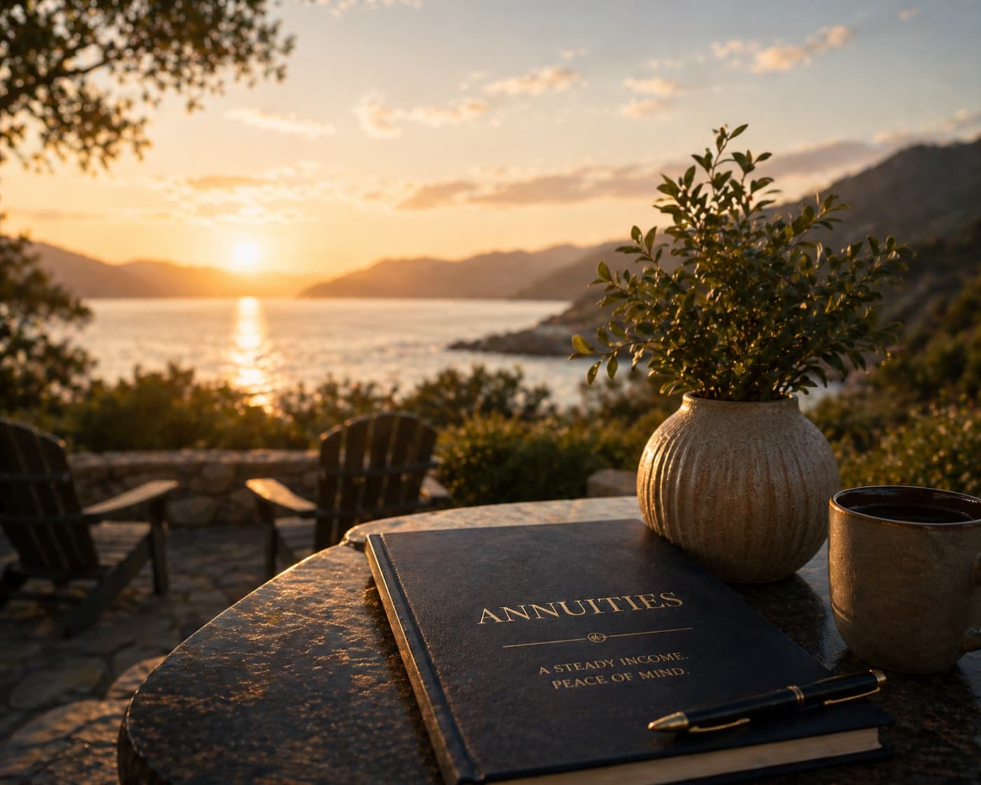 Adirondack chairs facing a sunset over Lake Michigan with an annuities planning book on a stone table, annuity income strategies designed by our practice