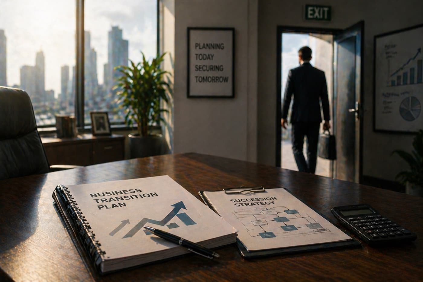 Business transition and succession planning documents on a desk with the Chicago skyline through the window, the business-exit planning we lead for Northern Suburbs owners