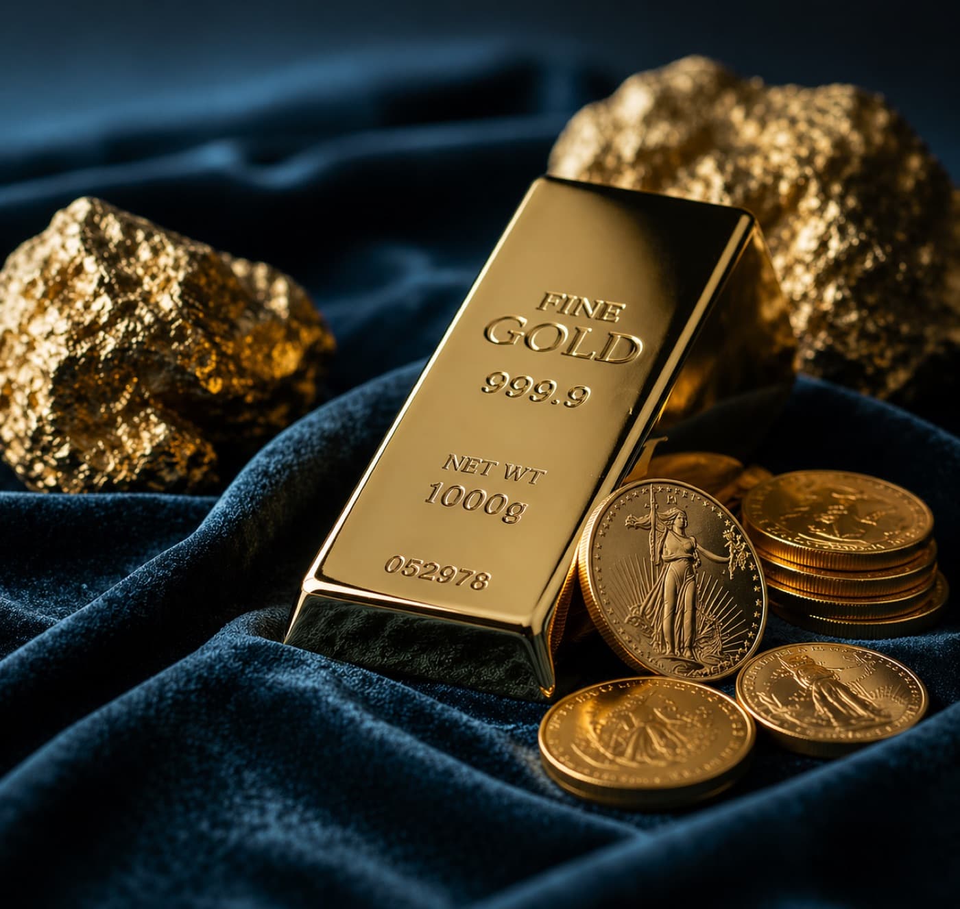 A fine gold bullion bar with American Gold Eagle coins on dark velvet, precious metals planning for Northern Suburbs families at our firm