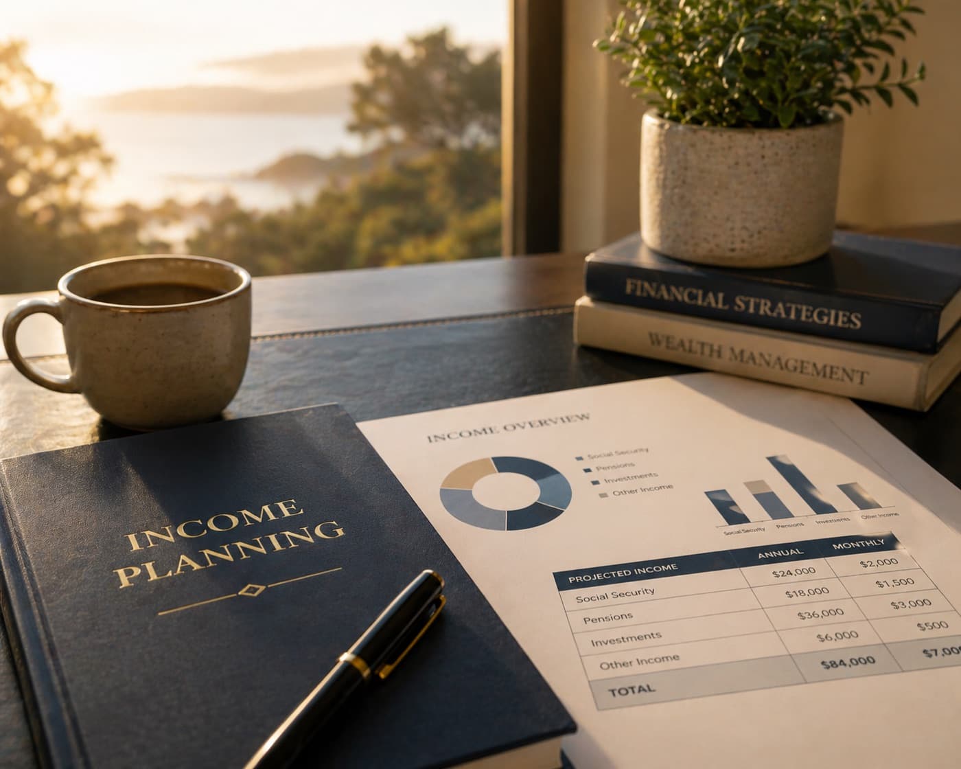 An income planning binder with projection report, coffee, and a Northern Suburbs lakefront view, the coordinated retirement paycheck we build for clients