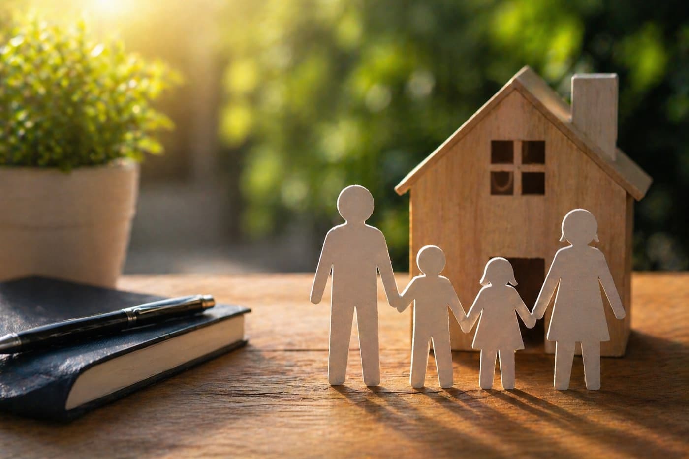Wooden family figures beside a small wooden house, life insurance planning we use to protect Northern Suburbs families