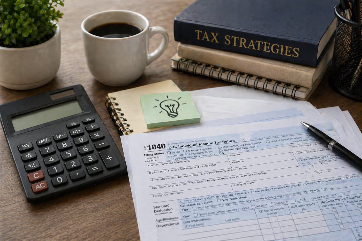 A 1040 tax return with a calculator, coffee, and a Tax Strategies reference book, the federal and Illinois tax planning we do for retirees